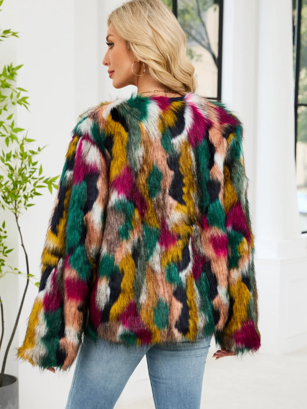 2026 Autumn Winter Color Print Faux Fur Coat Women Casual Long Sleeve Fluffy Plush Jacket O Neck Thick Fake Fur Warm Outwear