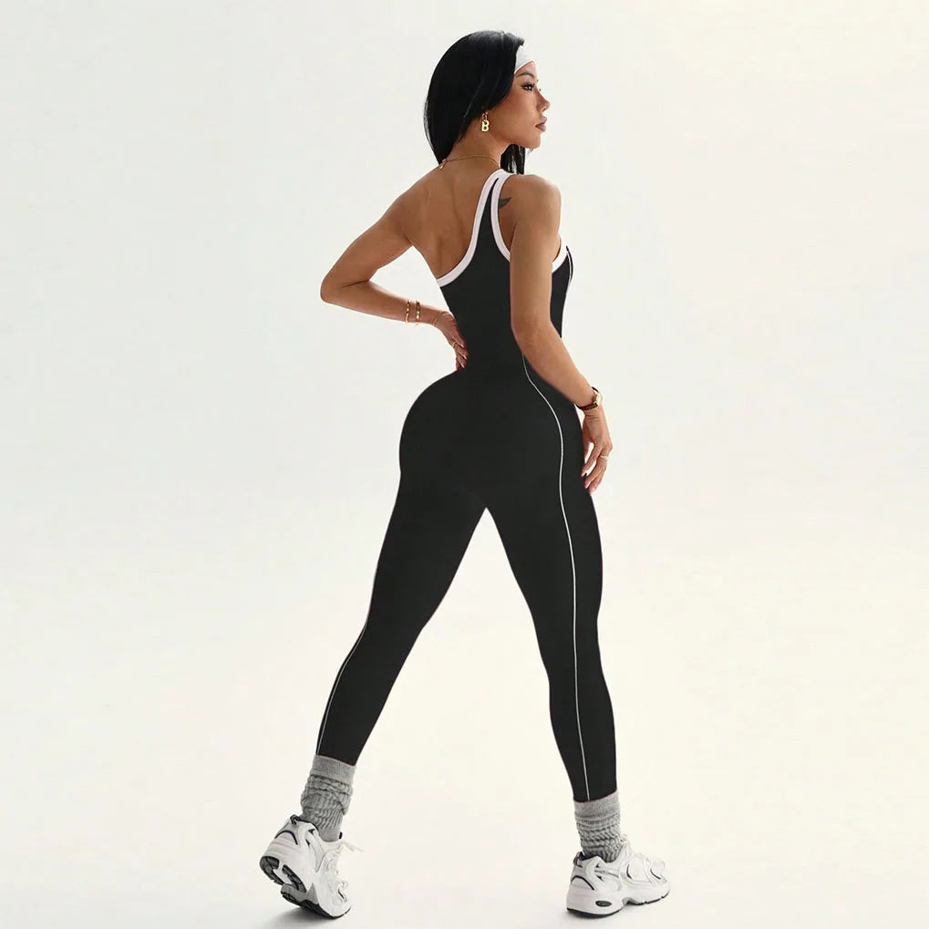 Women Sports One Shoulder Jumpsuits Tracksuits Yoga Pants Bodysuits Line Workout Fitness Gym Training Athletic Tights Suits