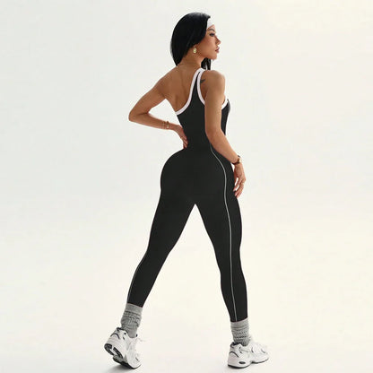 Women Sports One Shoulder Jumpsuits Tracksuits Yoga Pants Bodysuits Line Workout Fitness Gym Training Athletic Tights Suits