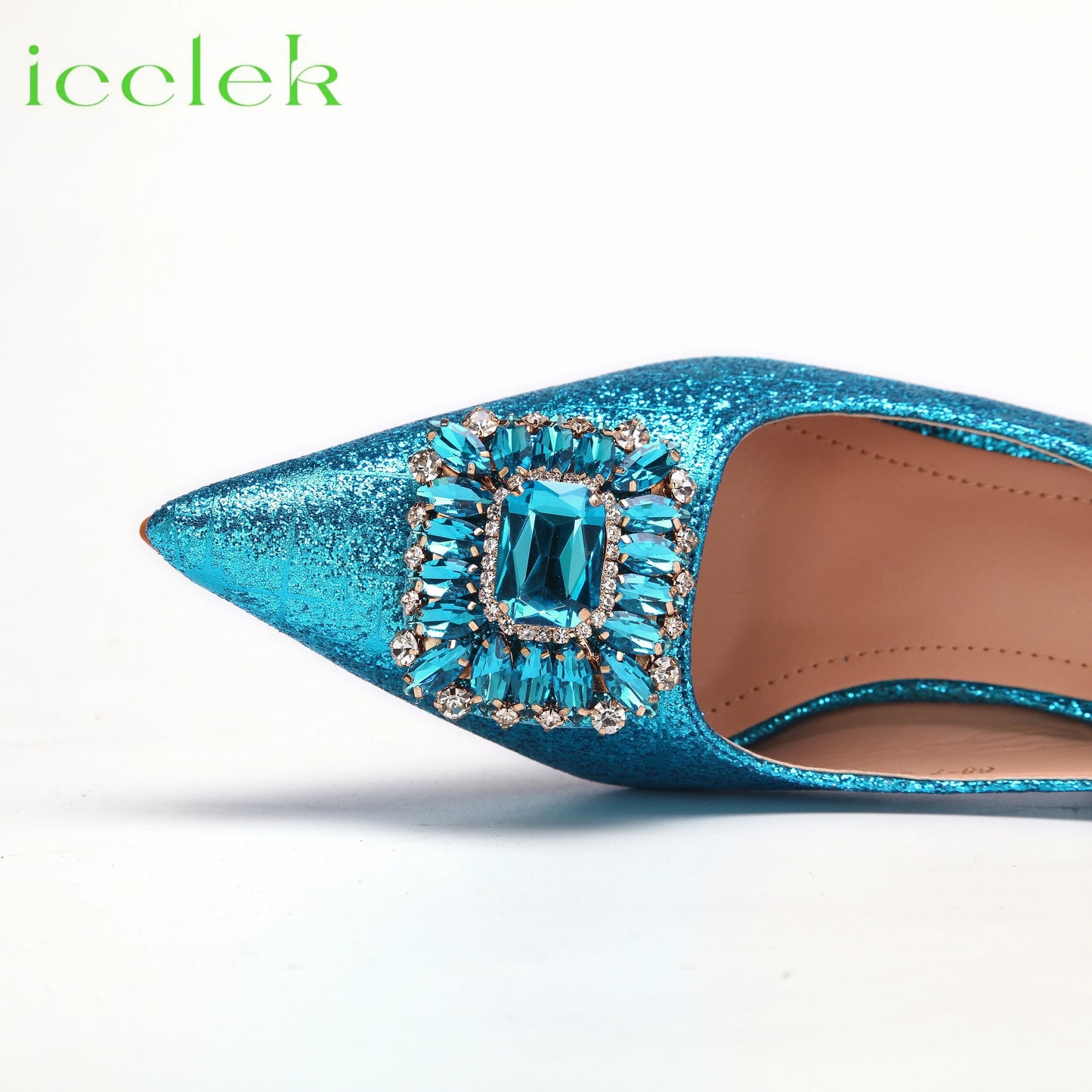 Women High Heels Sandals Shinning Material with Rhinestone Italian Design T.Blue Color Pointed Toe Shoes and Bags Set