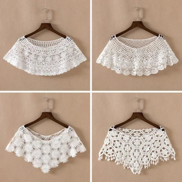 Women Vintage Crochet Knit Cape Elegant Cute Lace Short Hollow Out Shawls Shrug Poncho Wedding Bridal Evening Dress Lace Scarf