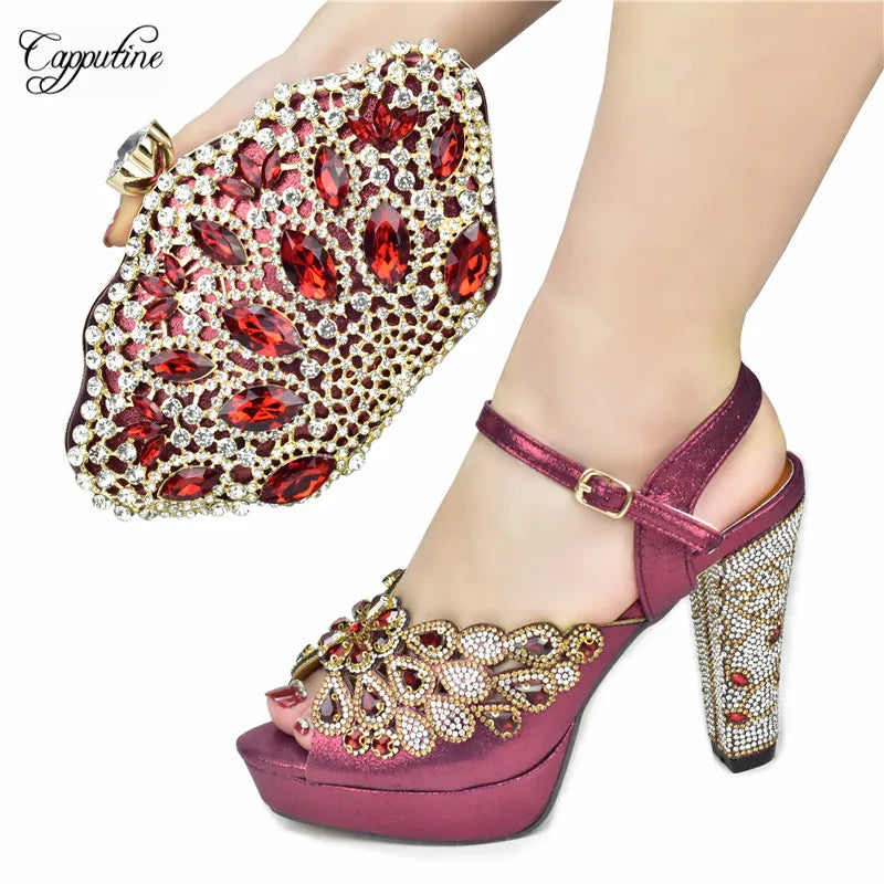 Luxury Wine Women Shoes and Bag to Match African Lady Summer Sandals Match With Handbag High Heels Pumps Purse 938-44 10.5CM