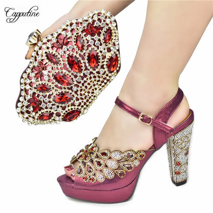 Luxury Wine Women Shoes and Bag to Match African Lady Summer Sandals Match With Handbag High Heels Pumps Purse 938-44 10.5CM