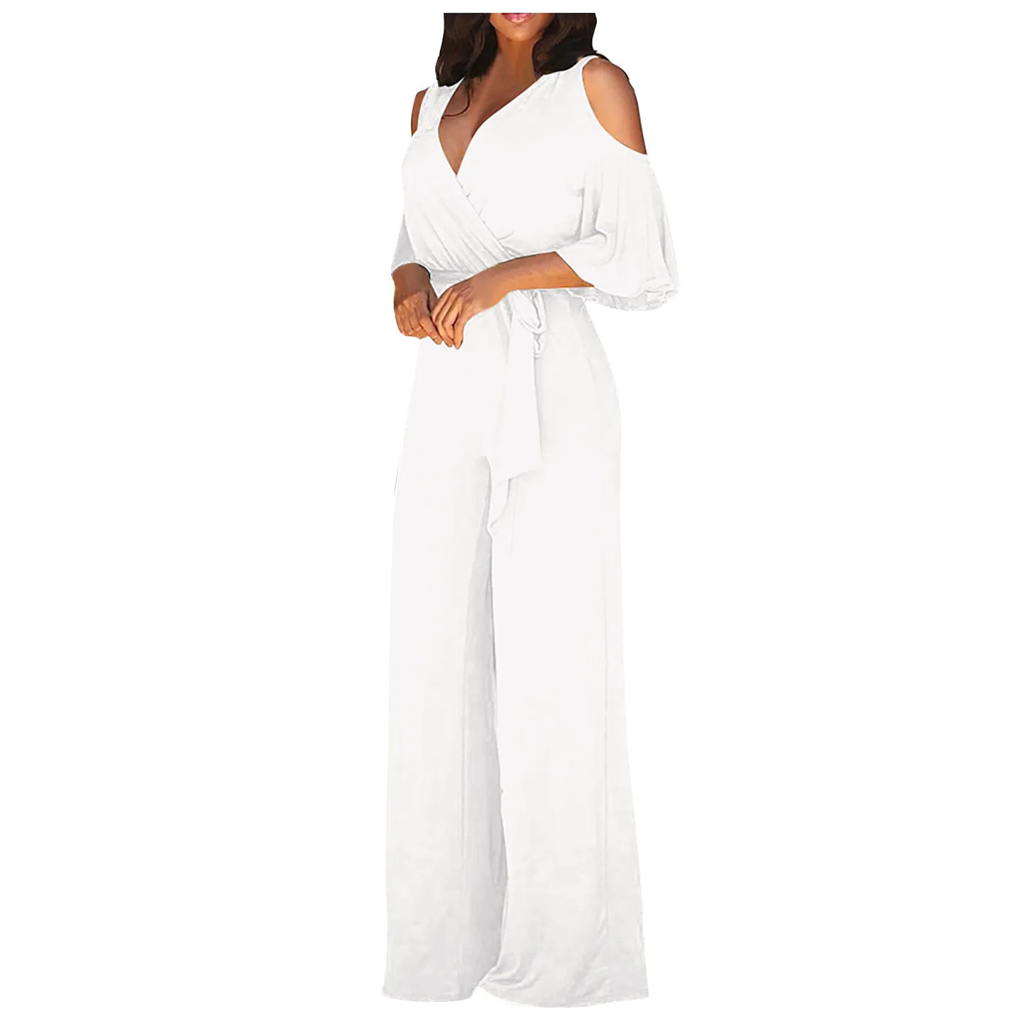 Jumpsuit Summer Pure Color Women Sexy Deep V Neck Short Sleeve Rompers Fashion Slim Fit Lace Up Elegant Female Wide Leg Jumpsuit