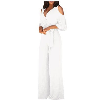 Jumpsuit Summer Pure Color Women Sexy Deep V Neck Short Sleeve Rompers Fashion Slim Fit Lace Up Elegant Female Wide Leg Jumpsuit
