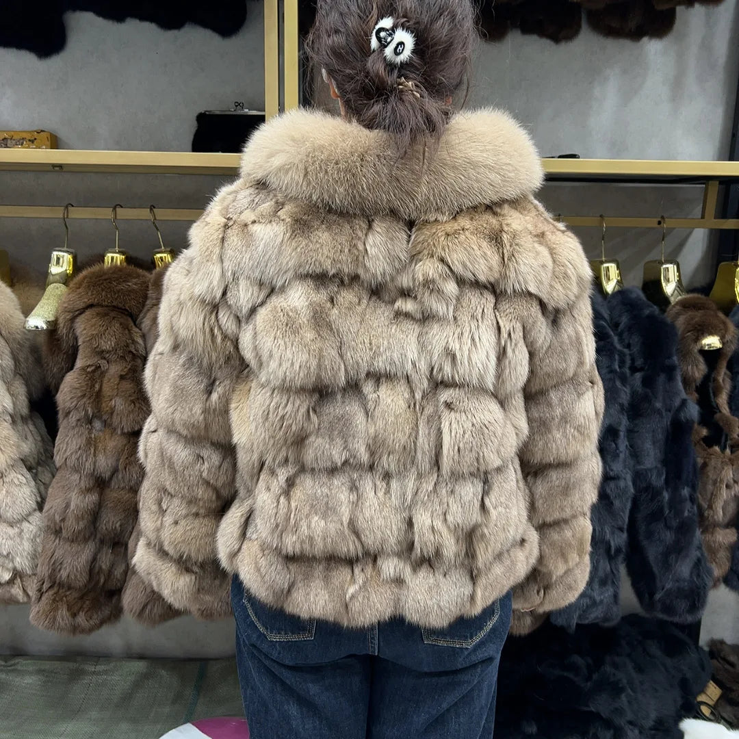HUA QIU MEI SI Women's Natural Fox Fur Jacket with Fox Collar for Winter Warmth, Short Style Real Fox Fur Leather Jacket