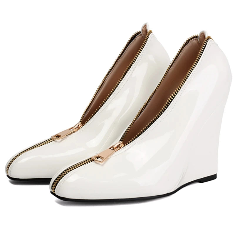 Sexy Women's Wedge High Heels Pumps Shoes Sexy Zipper Black Red White Wedges Heeled Large Size Office Party Wedding Shoes Ladies