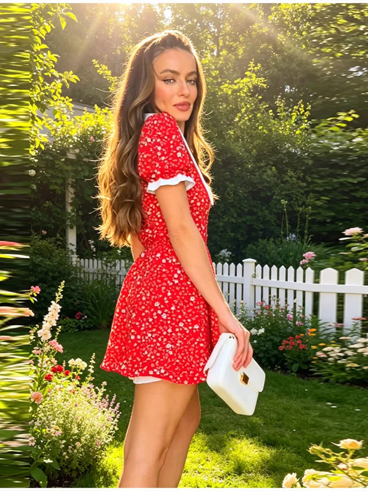 Sweet Floral Print Puff Sleeve Mini Dress Women Fashion Peter Pan Collar A-line Button Vestido Summer Vacation Date Party Outfit