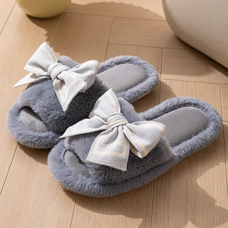 Love Fluffy Women's Slippers House Bow Luxury Designer Woman Shoes Flats Fuzzy Fur Slides Home Spring Autumn Elegant Soft Sole