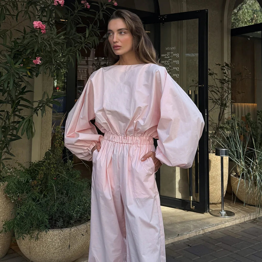 Pink One-Piece Suit Women's Spring Summer New Lantern Sleeve Backless Top Waist-Cinching Wide Leg One-Piece Suit