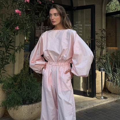 Pink One-Piece Suit Women's Spring Summer New Lantern Sleeve Backless Top Waist-Cinching Wide Leg One-Piece Suit