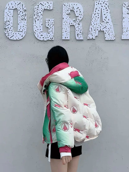 Winter Patchwork Hooded Parkas Jacket Women White Duck Down Puffer Thicken Jacket Women Double Pocket Loose Short Outwears Coat