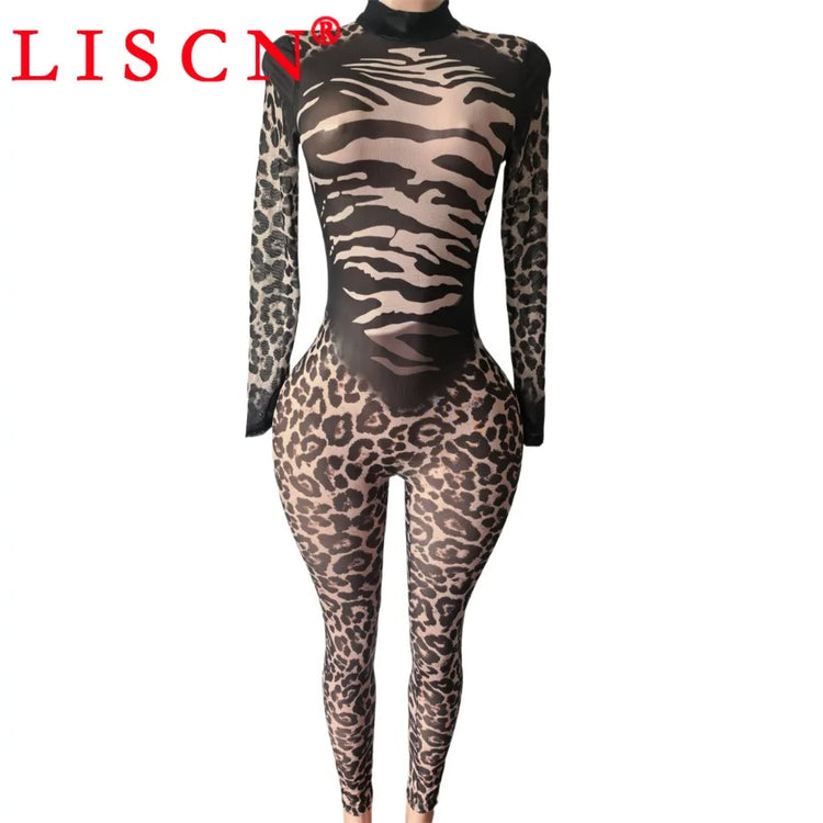 10 Bulk Items Wholesale Lots Jumpsuits Women Long Sleeve Bodycon Sexy Y2k Leopard Printing O-neck Rompers Streetwear K17649