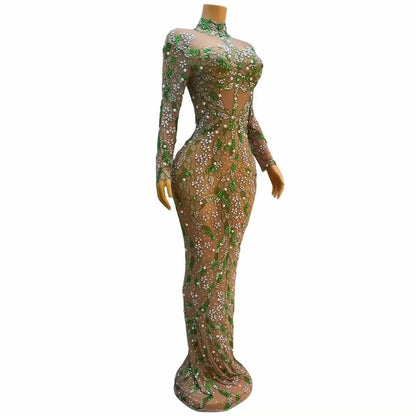 Spring Leaves Green Rhinestones Evening Party Long Dress Singer Celebrity Sexyransparent Sleeveless Model Catwalk Costume