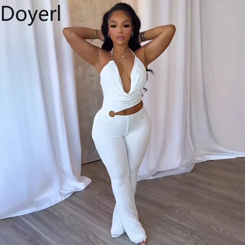 Doyerl Halter V-neck Backless One Piece Jumpsuit Women Sexy Hollow Out Sleeveless Night Club Outfits Birthday Rompers Overalls