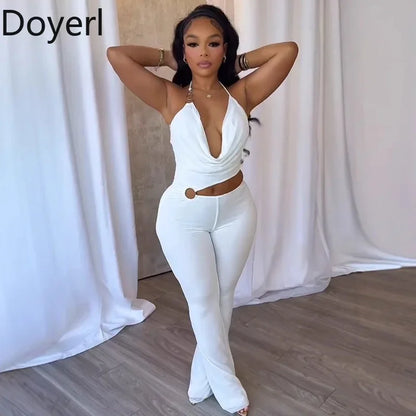 Doyerl Halter V-neck Backless One Piece Jumpsuit Women Sexy Hollow Out Sleeveless Night Club Outfits Birthday Rompers Overalls