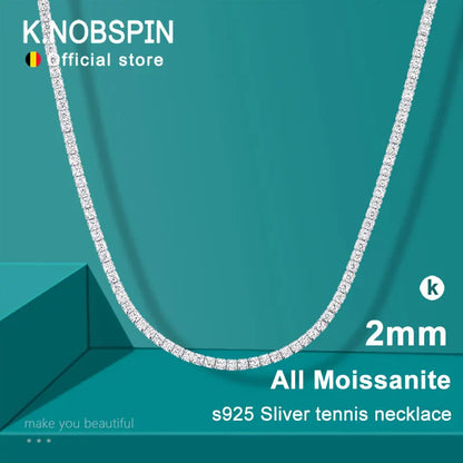 KNOBSPIN 2mm Moissanite Tennis Necklaces for Women Solid s925 Silver Adjustable Choker Chain Wedding Diamond Rhinestone Necklace