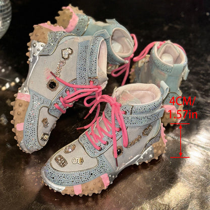 Women Rhinestone Casual Luxury Sneakers Diamond High-Top Designer Boots Thick Bottom Shoes Female Tennis Outdoors Walking Shoes