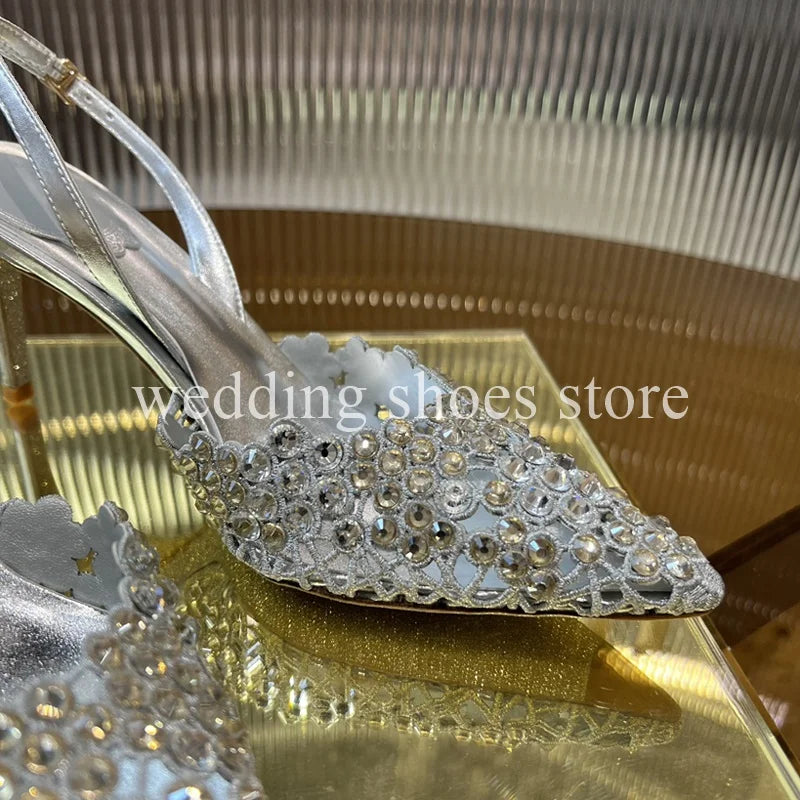 Handmade Metal Wire Braid Rhinestone Stiletto Glitter Crystal Sandals Pointed Sandals Wedding Luxury High Heel Party Women Shoes