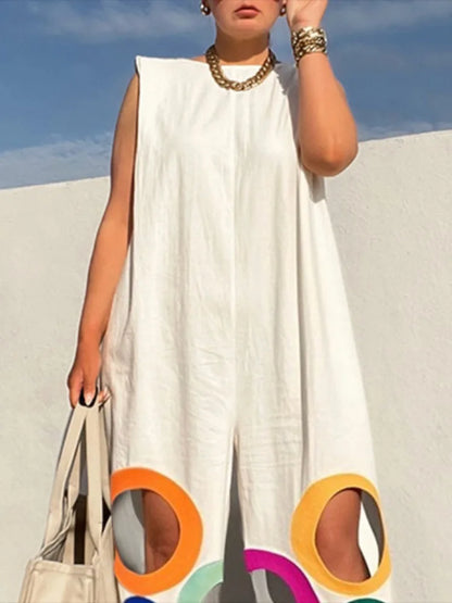 Yeezzi Women Fashion Rainbow Hollow Wide Leg Jumpsuits 2026 New Summer Sleeveless Loose Urban Office Overalls With Shoulder Pad