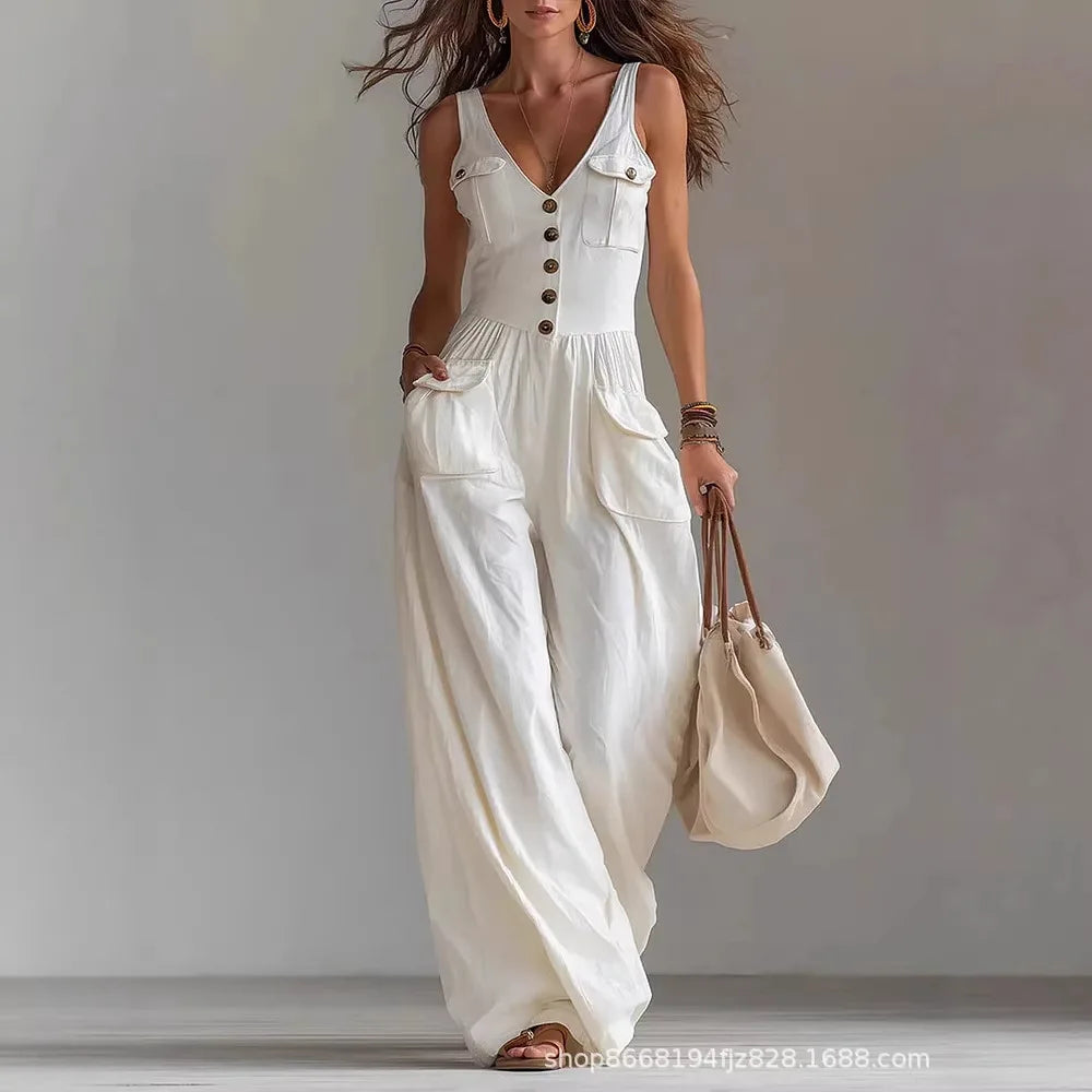 Fashion Sexy V Neck Button Front Boho Rompers Summer Sleeveless Pocket Wide Leg Overalls Casual New Solid Women's Jumpsuit