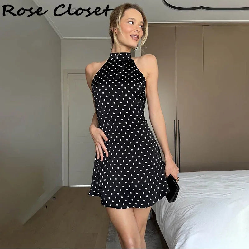 Polka Dots Halter Mini Dress Elegant Backless Sleeveless Cinched Waist Short Dresses Lace Up Skirts 2026 NEW Summer Lady Dresses
