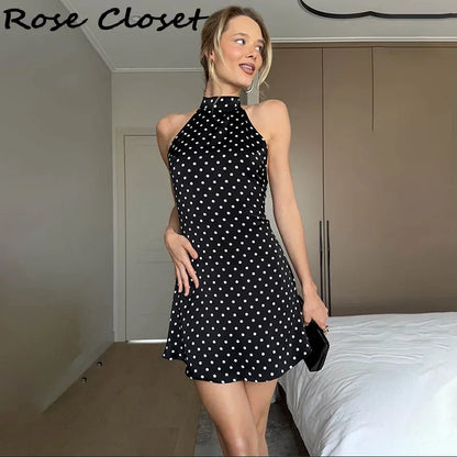 Polka Dots Halter Mini Dress Elegant Backless Sleeveless Cinched Waist Short Dresses Lace Up Skirts 2026 NEW Summer Lady Dresses