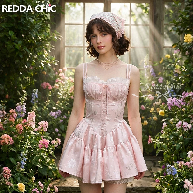 ReddaChic Summer Mini Pink Dress Floral Satin Rompers Cutecore Lace Stitch Spaghetti Strap Corset Dress Coquette Women Clothes