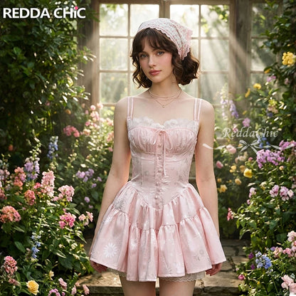 ReddaChic Summer Mini Pink Dress Floral Satin Rompers Cutecore Lace Stitch Spaghetti Strap Corset Dress Coquette Women Clothes