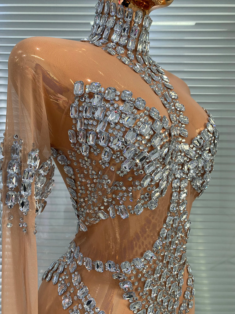 Club Outfits Woman 2026 Sparkly Crystal Sheer Transparent Jumpsuits Masquerade Costume Dress Carnival Parade Festival Catsuit