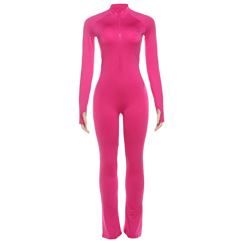 Weird Puss Basic Flared Jumpsuit Women Zip Letter Embroidery Full Sleeve Coquette Stretch Skinny Midnight Party Workout Overalls