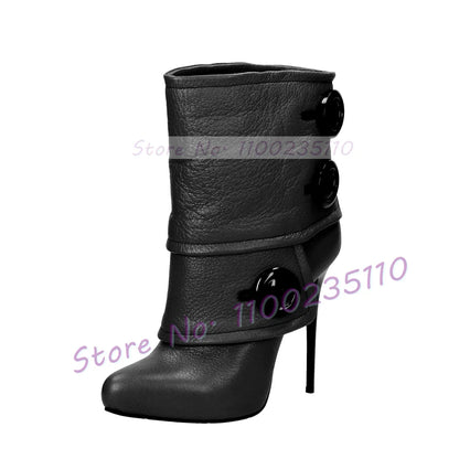 Button Decor Foldover Ankle Boots Female Chic Leather Splicing Pointy Toe High Heels Shoes Patchwork Slip On Sexy Stiletto Boots
