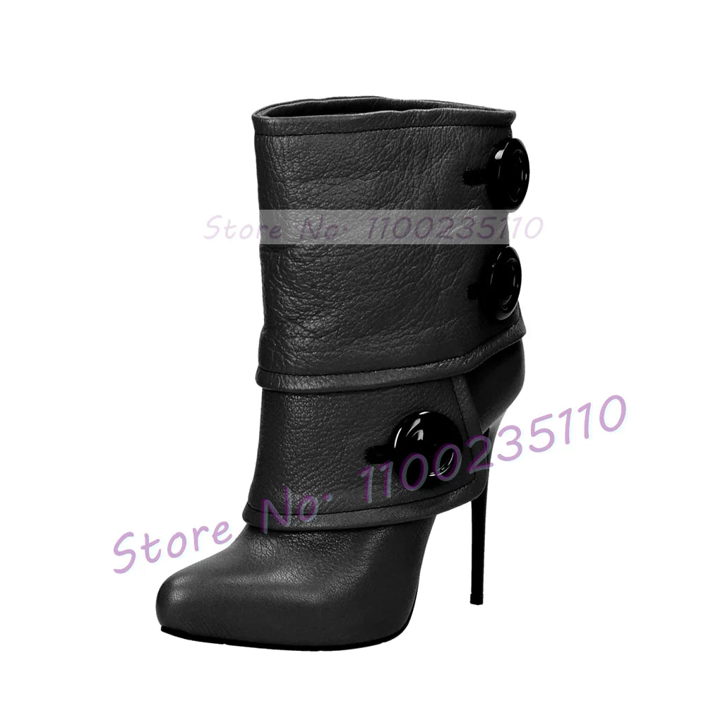 Button Decor Foldover Ankle Boots Female Chic Leather Splicing Pointy Toe High Heels Shoes Patchwork Slip On Sexy Stiletto Boots