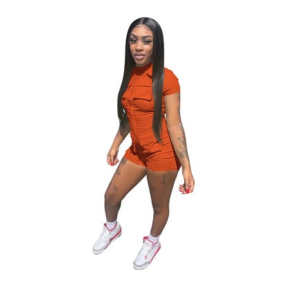Red Jumpsuit for Woman Short Zipper V Turn Down Short Sleeve Overall Jumpsuit Shorts Casual Pockets Bodycon Rompers 2XL