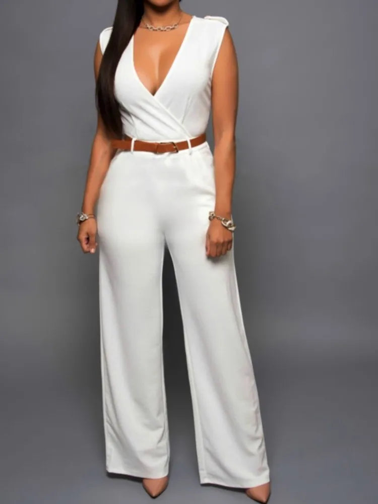 Business Formal Jumpsuit Work Wear Women Romper Elegant Long Deep V Neck Sleeveless High Waist Wrap Jumpsuits Fashion Streetwear