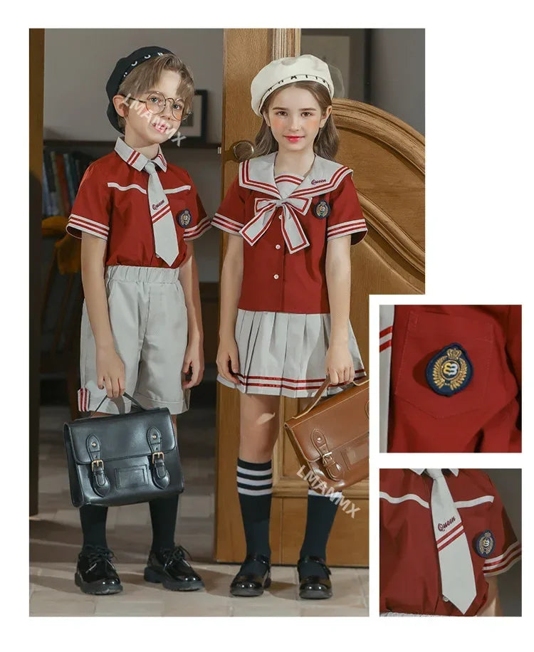 Kid Korean Japanese Striped School Uniform for Girls Boys Sailor Collar T Shirt Pleated Skirt Shorts Bow Clothes Student Outfit