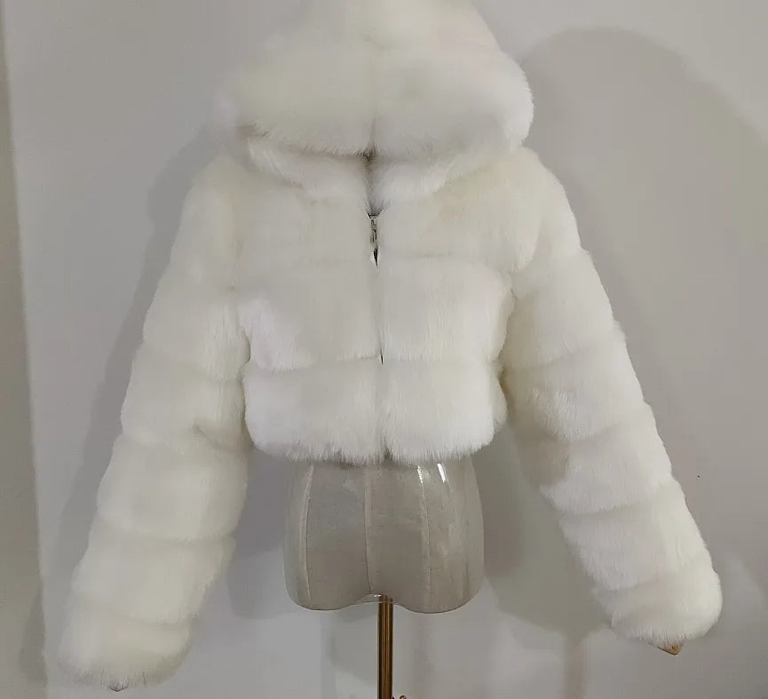 2026 Women Winter Plus Size Faux Fur Croped Coat Female Furry Hooded Long Sleeve Plush Jacket Lady Fake Fur Warm Fluffy Cardigan