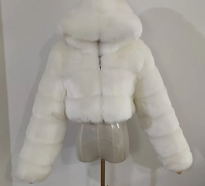 2026 Women Winter Plus Size Faux Fur Croped Coat Female Furry Hooded Long Sleeve Plush Jacket Lady Fake Fur Warm Fluffy Cardigan