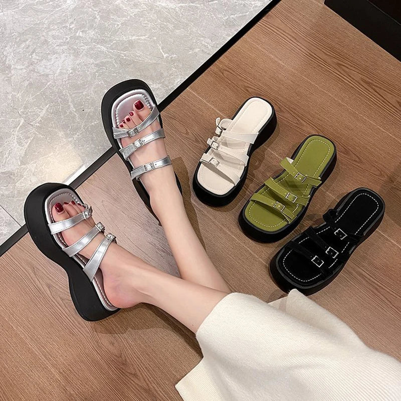 Women Thicken Soled Buckle Strap Sandals Platform High Heel Shoes Ladies Cut-Out Slippers Open Toe Flipflops Silver Beach Slides