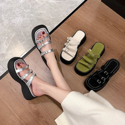 Women Thicken Soled Buckle Strap Sandals Platform High Heel Shoes Ladies Cut-Out Slippers Open Toe Flipflops Silver Beach Slides