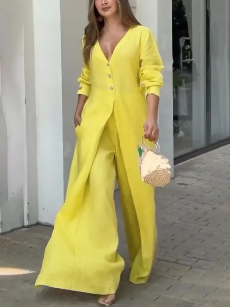Women's Cotton V-Neck High Waisted Wide Leg Jumpsuits Long Sleeves Buttoned Pockets Solid Color Pleated Fashion Casual Outfits