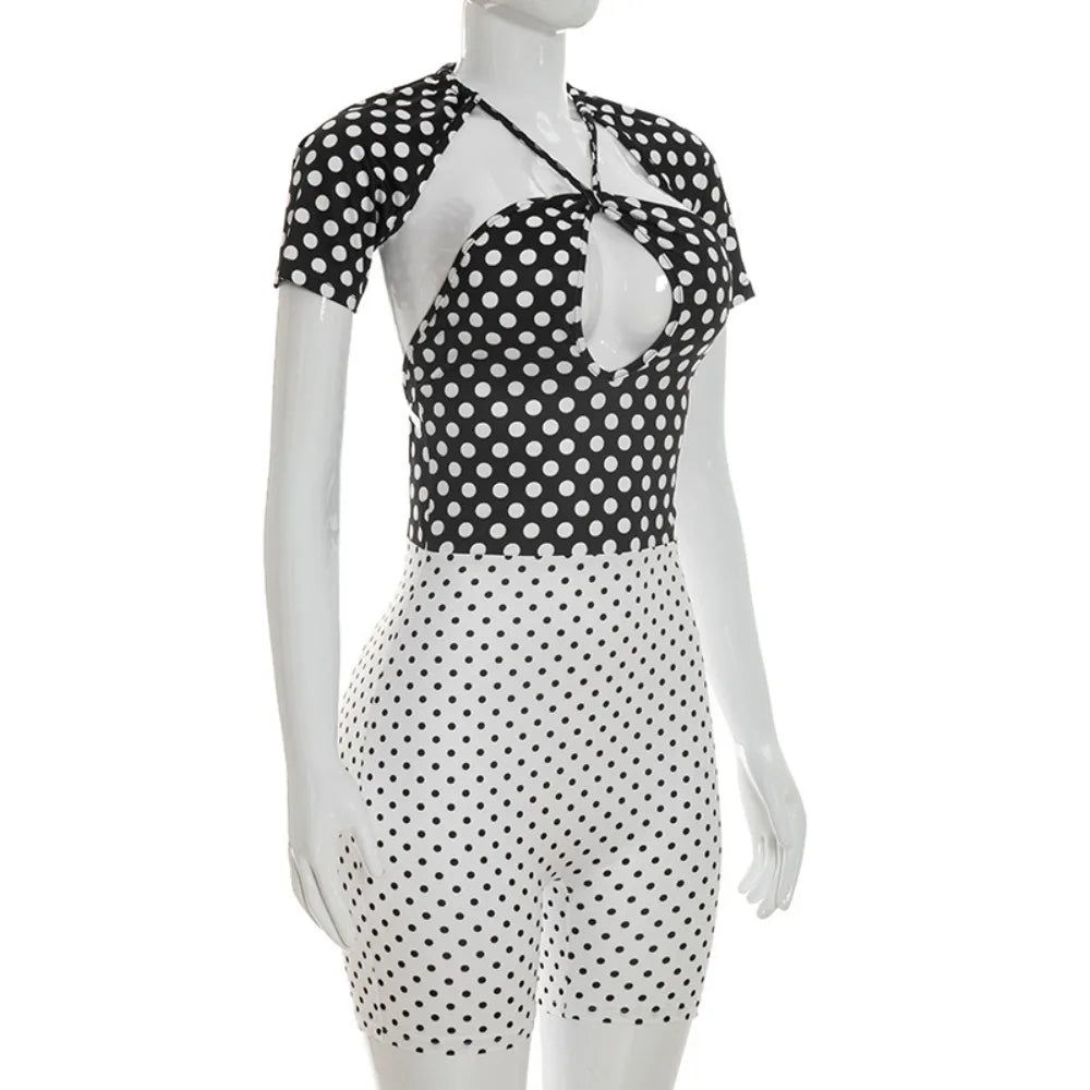 FLARORA Trend Color Blocking Rompers Woman Polka Dot Print Halter Bandage Backless Peach Hip Playsuits Sexy Midnight Streetwear