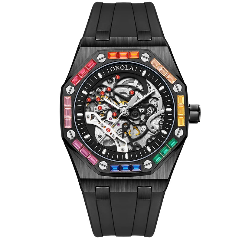 ONOLA 3834 Luxury Diamond Set Design Men's Automatic Mechanical Watch Fashion Hollow Sports Silicone Strap Watches for Man