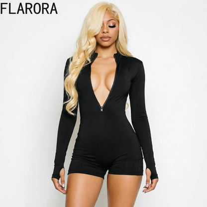 FLARORA Sexy Hollow Out Backless Rompers Woman Trend O-Neck Full Sleeve Zip Skinny Peach Hip Playsuits Midnight Party Clubwear