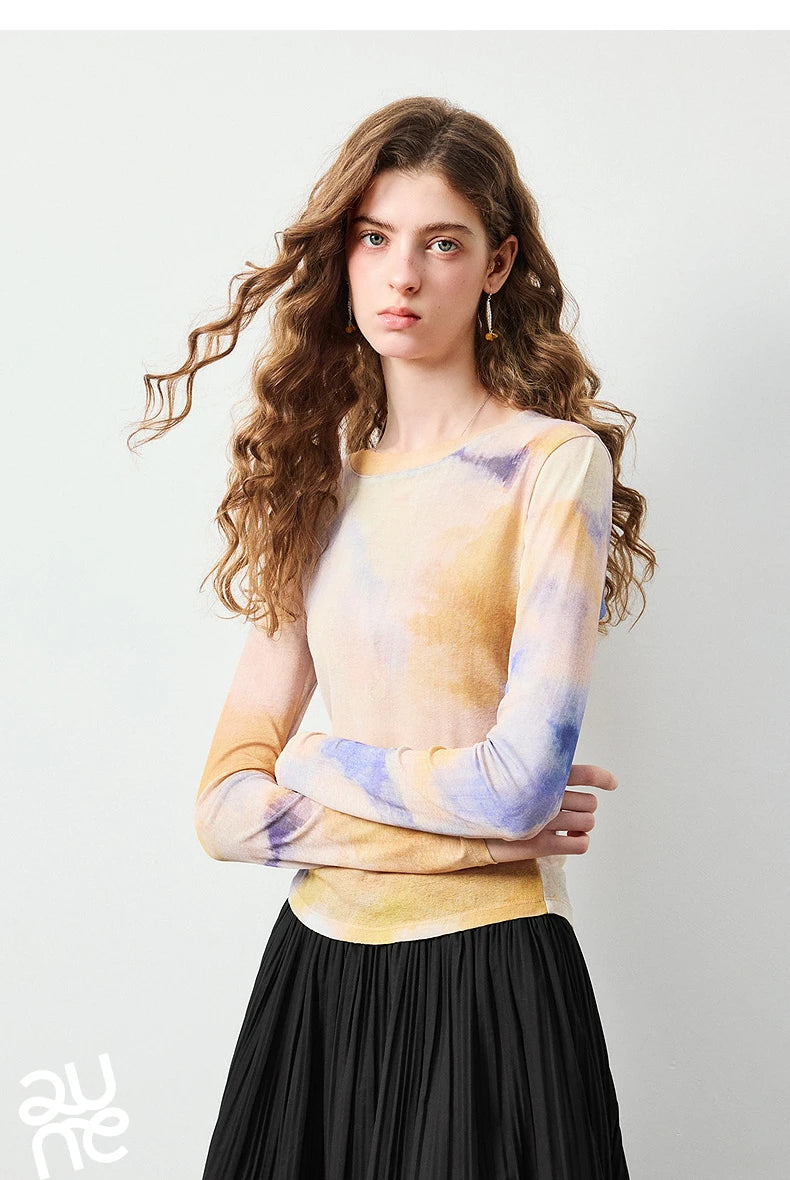 TOYOUTH Women's Sheer Second Skin Base Layer Top 2026 Fall Slim Fit Mongolian Print Nomadic Style