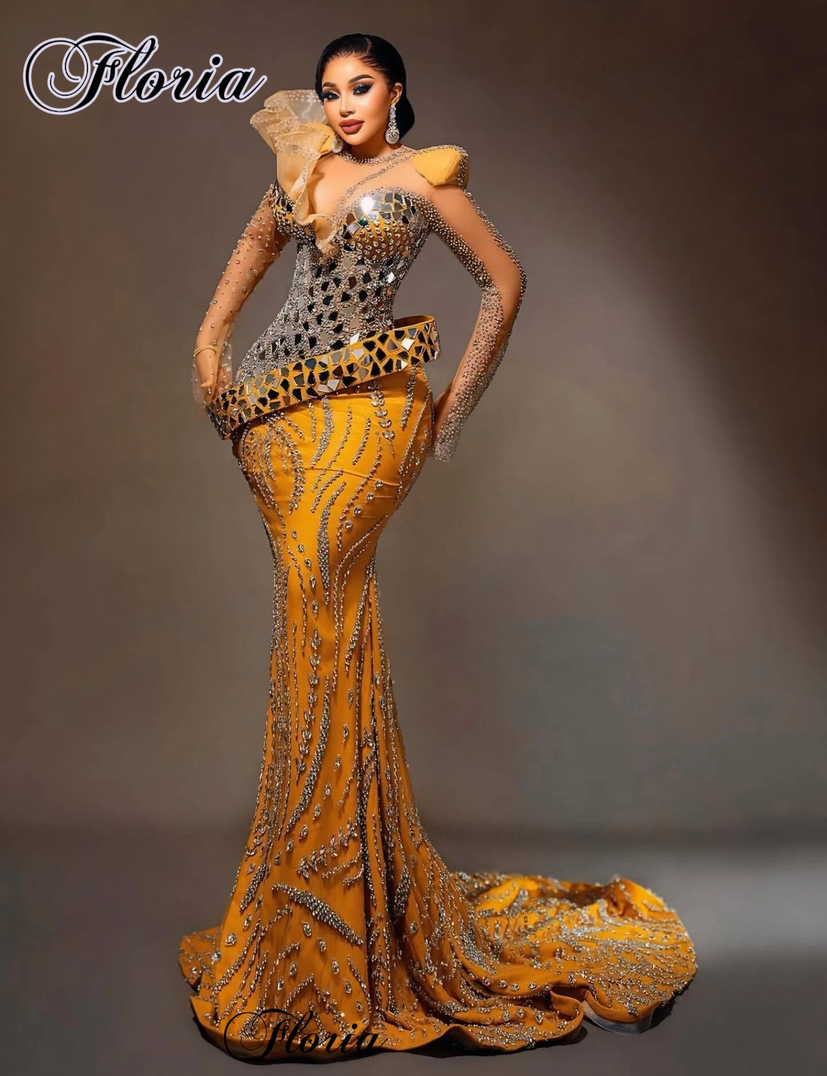 Full Heavy Handmade Gold Evening Dresses Beaded Long Sleeves Celebrity Dresses Prom Dresses Vestidos De Fiesta Customized 2026