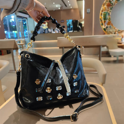 2026 New Fashion Diamonds Women Handbags Genuine Leather Tote Bag Large Capacity Work Commute Leisure Versatile Shoulder Bags