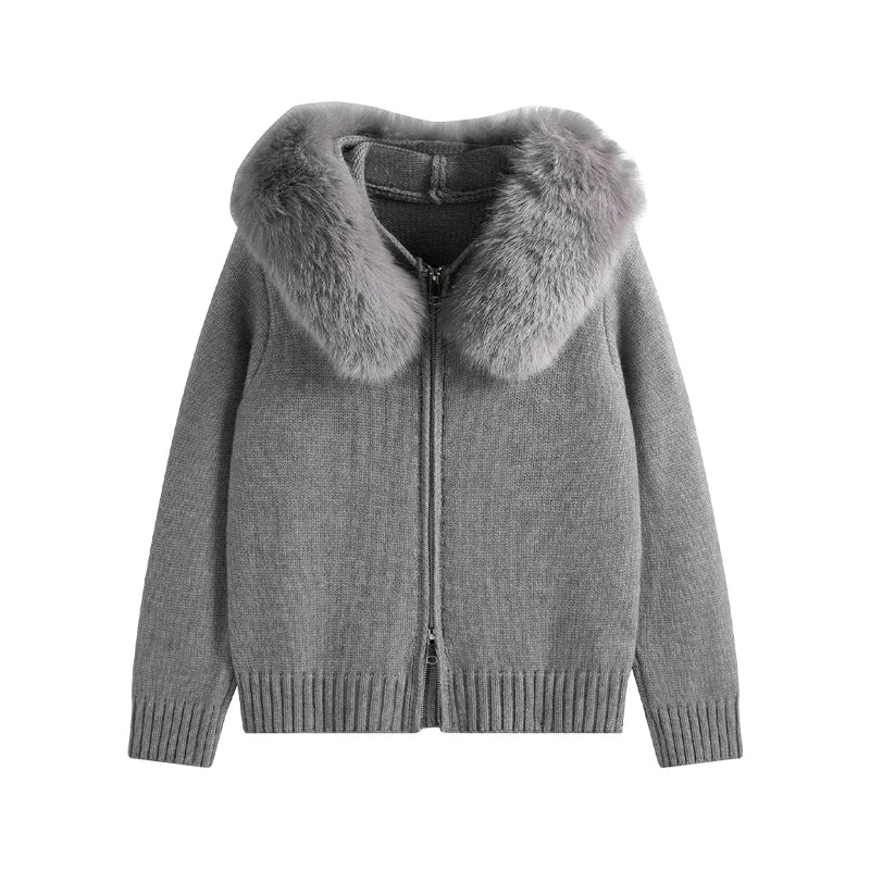 New 2026 Winter Sweater Coat Women Hooded Cardigan Fur Collar Hooded Knit Thicken Warm Women's Coats Chic Casual Outwear Coats