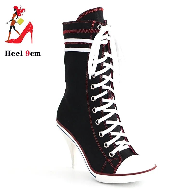 Sport Style Lace Up Denim Boots Ladies Retro Cowboy Dress Shoes Female Unique Shoes Casual Studded High Heels Spring Autumn Boot