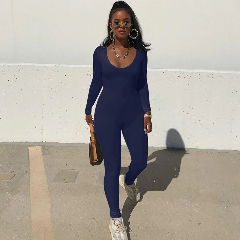 Hugcitar 2025 Square Collar Solid Long Sleeve Stretchy Bodycon Jumpsuits Winter Women Fashion Romper Streetwear Sport Wholesale